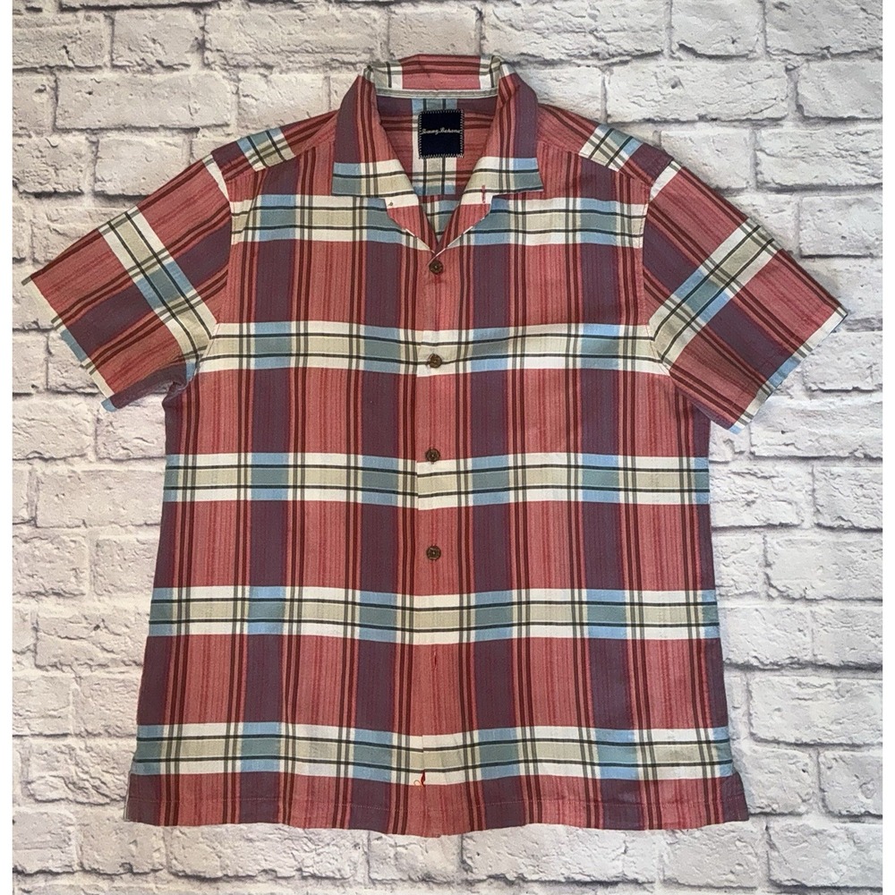 Tommy Bahama Sz L Cotton / Silk Blend Beach Shirt‎ Button Up Plaid EUC